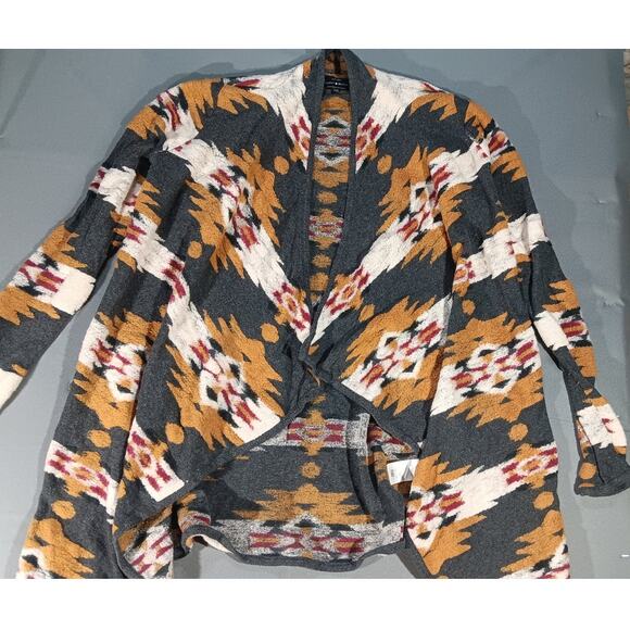 Lucky Brand Aztec Open Front Cardigan Sweater M Gray Boho Southwestern - Picture 3 of 6